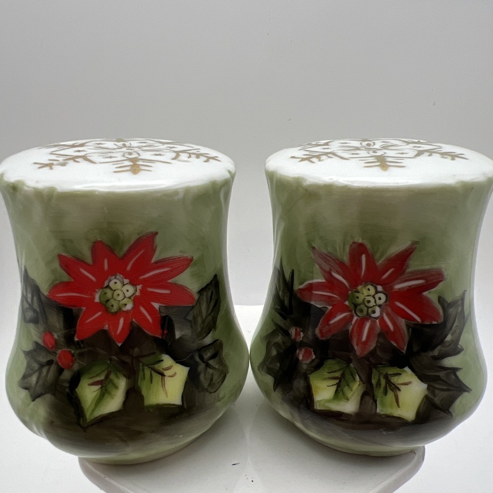 Vintage Lefton Poinsettia Salt Pepper & Shaker Set 4390 Japan Painted